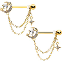 Load image into Gallery viewer, 14G 9/16 Clear Gem Gold Tone Moon Lover Dangle Nipple Ring Set
