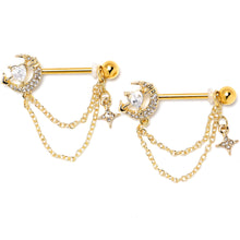 Load image into Gallery viewer, 14G 9/16 Clear Gem Gold Tone Moon Lover Dangle Nipple Ring Set

