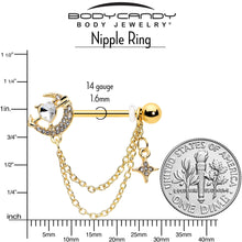 Load image into Gallery viewer, 14G 9/16 Clear Gem Gold Tone Moon Lover Dangle Nipple Ring Set
