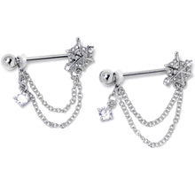 Load image into Gallery viewer, 14G 9/16 Clear CZ Gem Spiderweb Chain Dangle Nipple Ring Set
