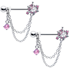 Load image into Gallery viewer, 14G 9/16 Pink CZ Gem Spiderweb Chain Dangle Nipple Ring Set

