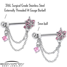 Load image into Gallery viewer, 14G 9/16 Pink CZ Gem Spiderweb Chain Dangle Nipple Ring Set
