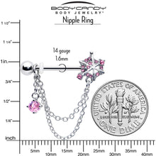 Load image into Gallery viewer, 14G 9/16 Pink CZ Gem Spiderweb Chain Dangle Nipple Ring Set
