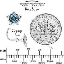 Load image into Gallery viewer, 20G 7mm Blue CZ Gem Snowflake Flower Left Side Nose Screw
