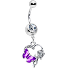 Load image into Gallery viewer, Clear Gem Butterfly Rose Flower Purple Dangle Belly Ring
