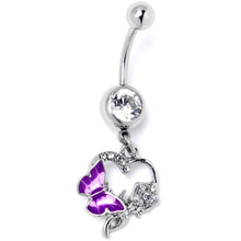 Load image into Gallery viewer, Clear Gem Butterfly Rose Flower Purple Dangle Belly Ring
