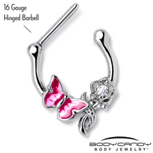 Load image into Gallery viewer, 16G 5/6 Clear CZ Gem Butterfly Rose Flower Pink Cartilage Clicker
