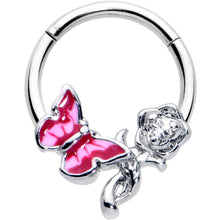 Load image into Gallery viewer, 16G 3/8 Clear CZ Gem Butterfly Rose Flower Pink Hinged Segment Ring
