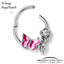 Load image into Gallery viewer, 16G 3/8 Clear CZ Gem Butterfly Rose Flower Pink Hinged Segment Ring
