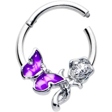 Load image into Gallery viewer, 16G 3/8 Clear CZ Gem Butterfly Rose Purple Hinged Segment Ring
