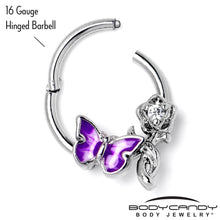 Load image into Gallery viewer, 16G 3/8 Clear CZ Gem Butterfly Rose Purple Hinged Segment Ring
