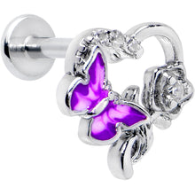 Load image into Gallery viewer, 16G 5/16 Clear CZ Gem Butterfly Rose Purple Internally Threaded Labret

