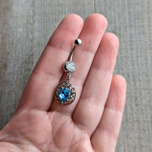 Load image into Gallery viewer, Clear Blue Gem Flower Oval Elegance Dangle Belly Ring
