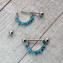 Load image into Gallery viewer, 14G 9/16 Blue CZ Gem March Birthstone Dangle Nipple Shield Set
