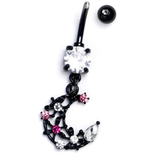 Load image into Gallery viewer, Clear Pink CZ Gem Black Flower Moon Dangle Belly Ring
