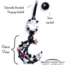 Load image into Gallery viewer, Clear Pink CZ Gem Black Flower Moon Dangle Belly Ring
