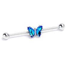 Load image into Gallery viewer, 14G Blue CZ Gem Simply Colorful Butterfly Industrial Barbell 38mm
