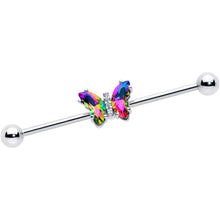 Load image into Gallery viewer, 14G Rainbow CZ Gem Simply Colorful Butterfly Industrial Barbell 38mm
