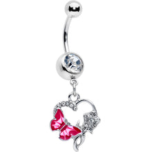 Load image into Gallery viewer, Clear Gem Butterfly Rose Flower Pink Dangle Belly Ring
