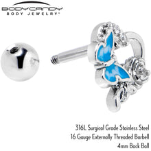 Load image into Gallery viewer, 16G 1/4 Clear CZ Gem Butterfly Rose Blue Cartilage Tragus Stud
