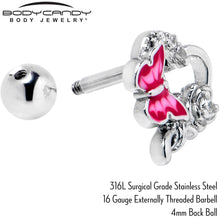 Load image into Gallery viewer, 16G 1/4 Clear CZ Gem Butterfly Rose Pink Cartilage Tragus Stud
