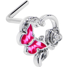 Load image into Gallery viewer, 20G 7mm Clear CZ Gem Butterfly Rose Flower Pink L Shape Nose Ring
