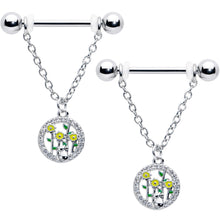 Load image into Gallery viewer, 14G 9/16 Clear Gem Cat Yellow Flowers Chain Dangle Nipple Ring Set
