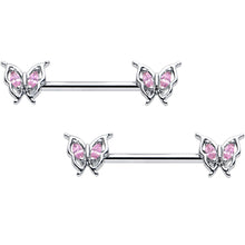 Load image into Gallery viewer, 14G 9/16 Pink Gem Fancy Fab Butterfly Barbell Nipple Ring Set
