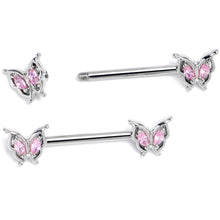 Load image into Gallery viewer, 14G 9/16 Pink Gem Fancy Fab Butterfly Barbell Nipple Ring Set
