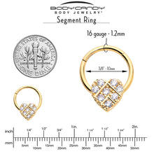 Load image into Gallery viewer, 16G 3/8 Clear CZ Gem Gold Tone Lattice Heart Hinged Segment Ring
