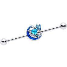 Load image into Gallery viewer, 14G Blue CZ Gem Butterfly Love Heart Industrial Barbell 38mm
