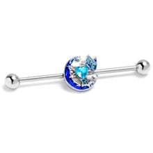 Load image into Gallery viewer, 14G Blue CZ Gem Butterfly Love Heart Industrial Barbell 38mm
