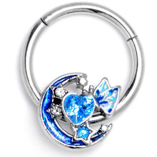 Load image into Gallery viewer, 16G 3/8 Blue CZ Gem Butterfly Love Heart Hinged Segment Ring
