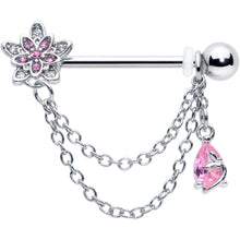 Load image into Gallery viewer, 14G 9/16 Pink CZ Gem Snowflake Flower Chain Dangle Nipple Ring Set
