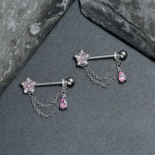 Load image into Gallery viewer, 14G 9/16 Pink CZ Gem Snowflake Flower Chain Dangle Nipple Ring Set
