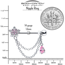 Load image into Gallery viewer, 14G 9/16 Pink CZ Gem Snowflake Flower Chain Dangle Nipple Ring Set
