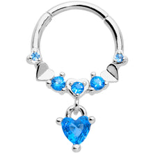 Load image into Gallery viewer, 16G 3/8 Aqua CZ Gem Love Heart Dangle Hinged Segment Ring
