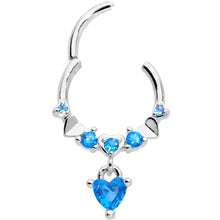 Load image into Gallery viewer, 16G 3/8 Aqua CZ Gem Love Heart Dangle Hinged Segment Ring
