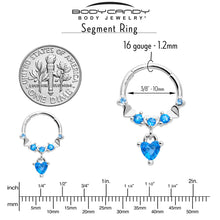 Load image into Gallery viewer, 16G 3/8 Aqua CZ Gem Love Heart Dangle Hinged Segment Ring
