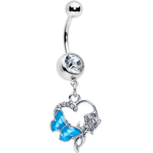 Load image into Gallery viewer, Clear Gem Butterfly Rose Flower Blue Dangle Belly Ring
