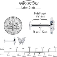 Load image into Gallery viewer, 16G 5/16 Clear Gem Fancy Fab Butterfly Internally Threaded Labret
