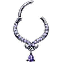 Load image into Gallery viewer, 16G 3/8 Purple CZ Gem Black Elegant Curves Dangle Hinged Segment Ring
