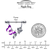 Load image into Gallery viewer, 14G 9/16 Butterfly Purple Rose Flower Dangle Nipple Ring Set
