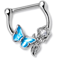 Load image into Gallery viewer, 16G 5/6 Clear Gem Butterfly Rose Flower Blue Cartilage Clicker
