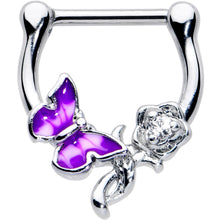 Load image into Gallery viewer, 16G 5/6 Clear Gem Butterfly Rose Flower Purple Cartilage Clicker
