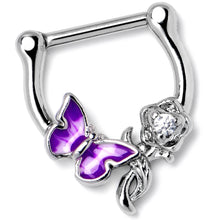 Load image into Gallery viewer, 16G 5/6 Clear Gem Butterfly Rose Flower Purple Cartilage Clicker
