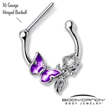Load image into Gallery viewer, 16G 5/6 Clear Gem Butterfly Rose Flower Purple Cartilage Clicker

