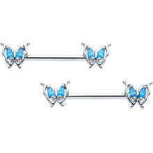 Load image into Gallery viewer, 14G 9/16 Blue Gem Fancy Fab Butterfly Barbell Nipple Ring Set

