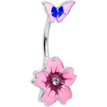 Load image into Gallery viewer, Clear Gem Perfectly Pink Flower Butterfly Double Mount Belly Ring
