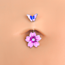Load image into Gallery viewer, Clear Gem Perfectly Pink Flower Butterfly Double Mount Belly Ring
